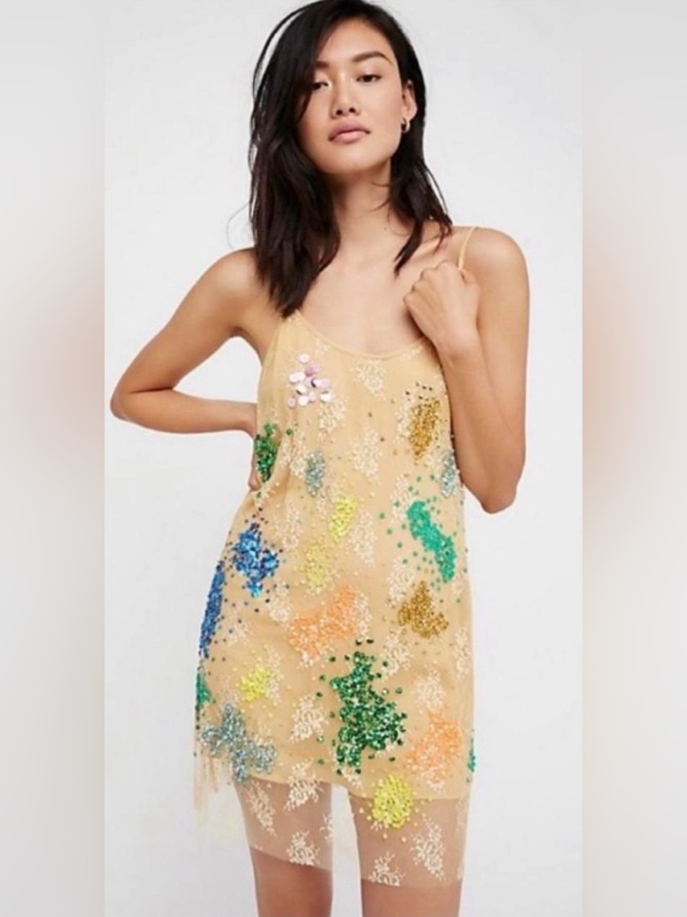 Free People Embellished Nude Slip Dress with Multicolor Sequin Accents